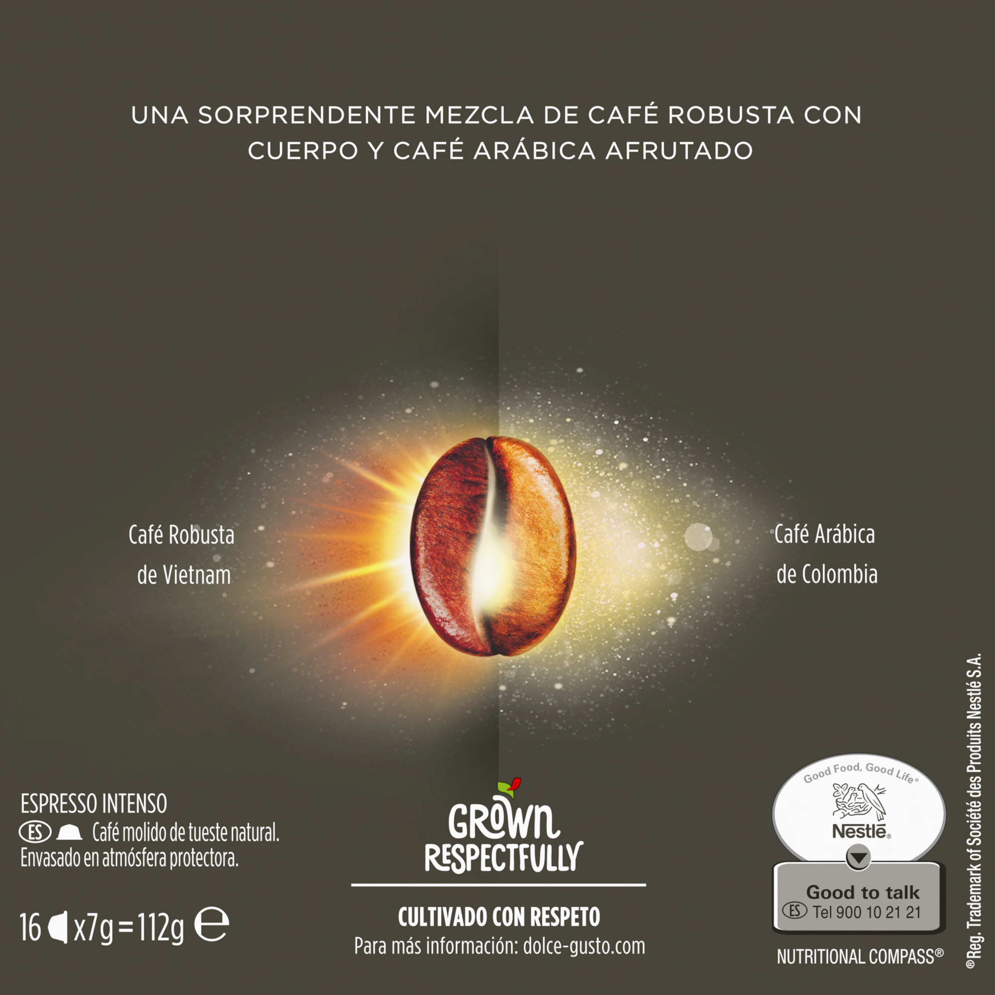 Un grano de café brillante brilla sobre un fondo oscuro, flanqueado por texto sobre café Robusta y Arábica.