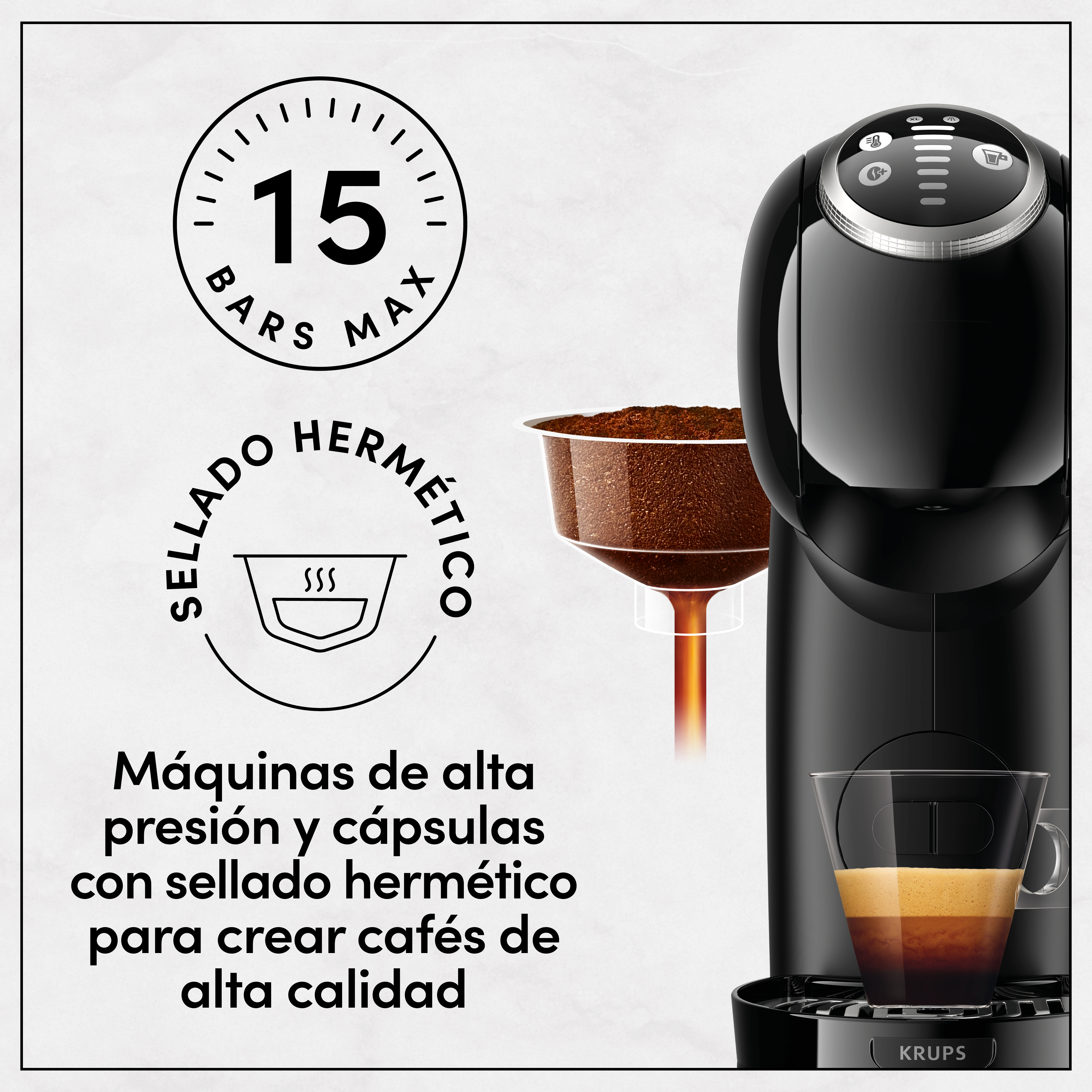 Una cafetera negra con una taza de espresso, gráfico de cápsula y texto sobre alta presión y cápsulas.