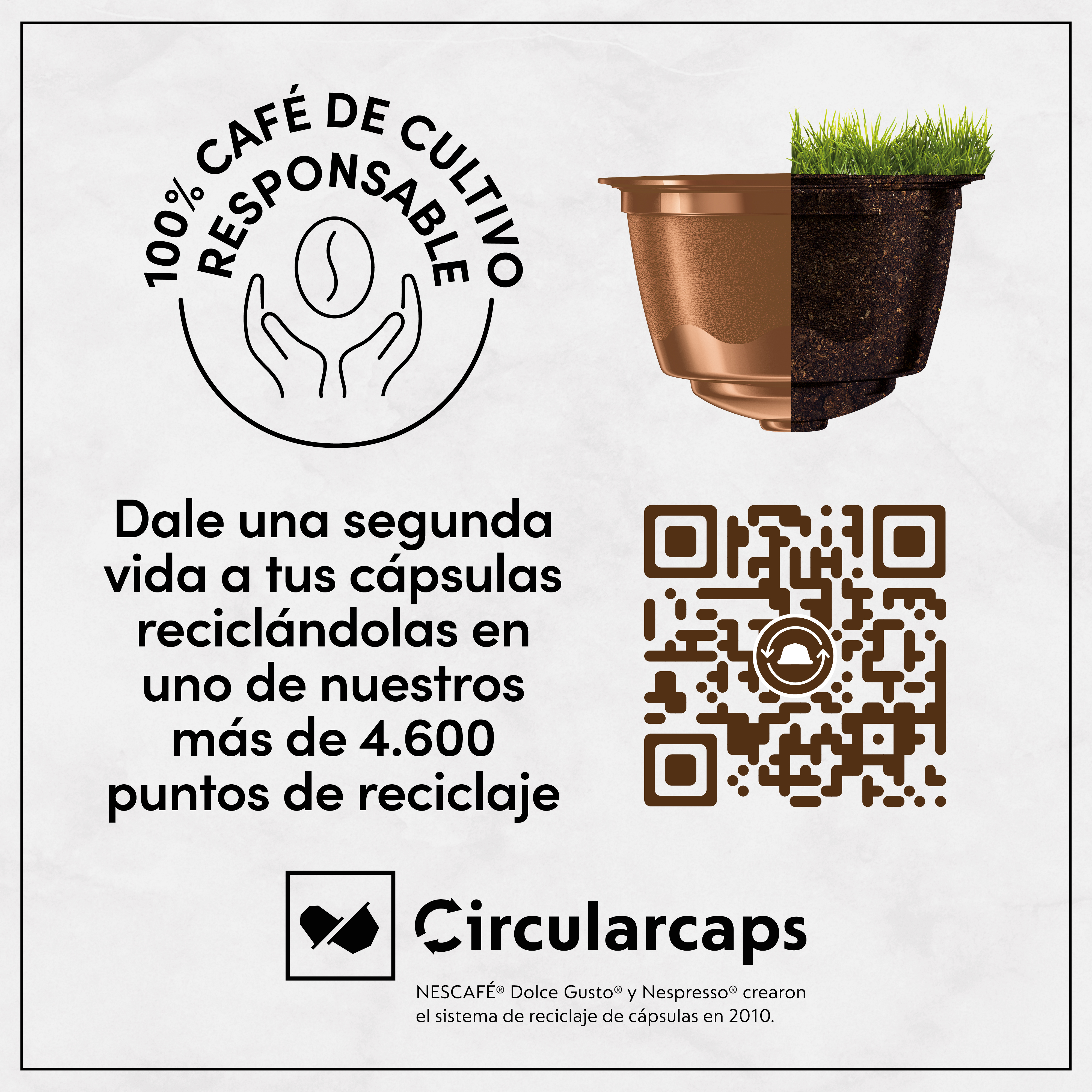 Cartel muestra una cápsula de café como maceta con hierba, un código QR y texto sobre reciclaje.
