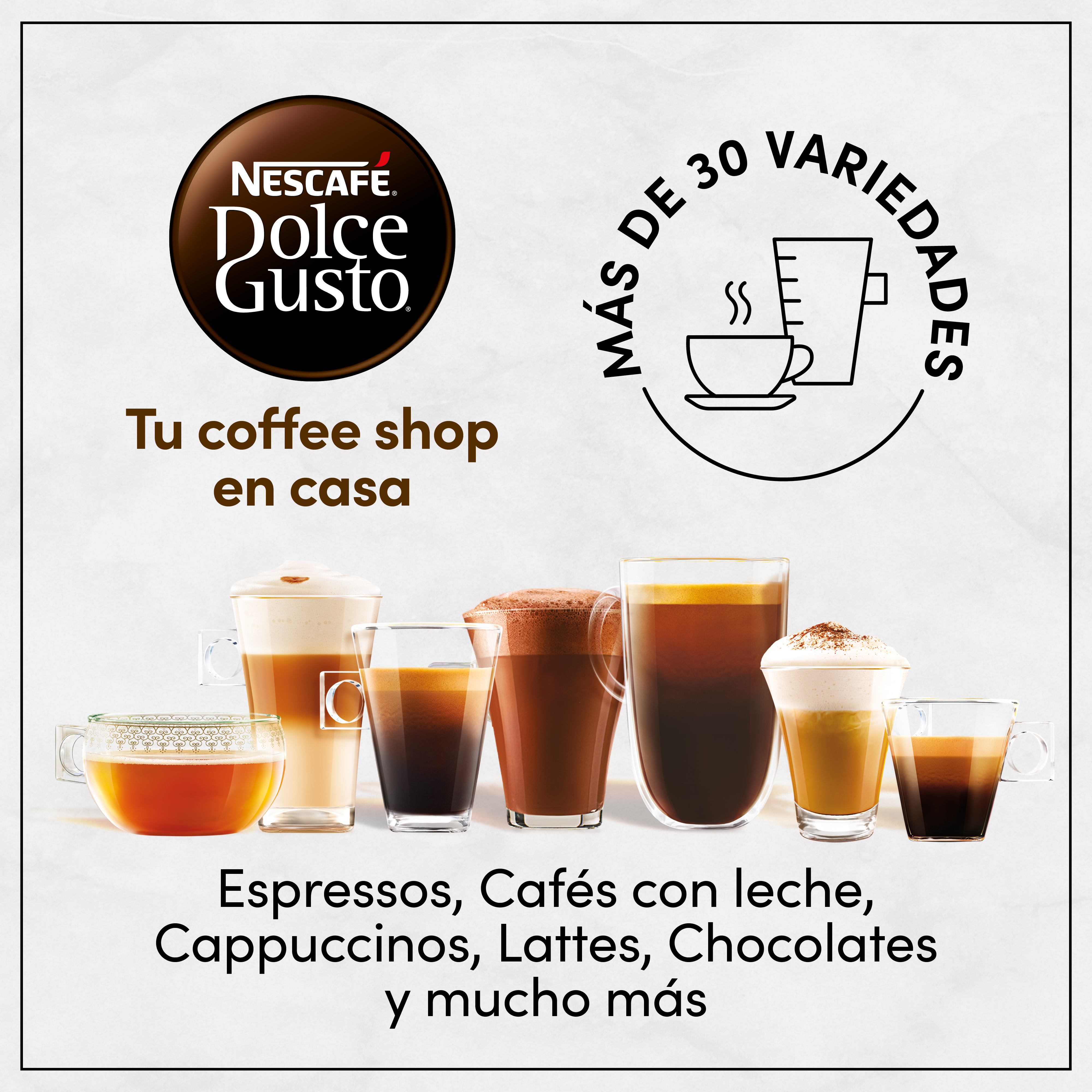 Anuncio de Nescafe Dolce Gusto que muestra varias especialidades de café.