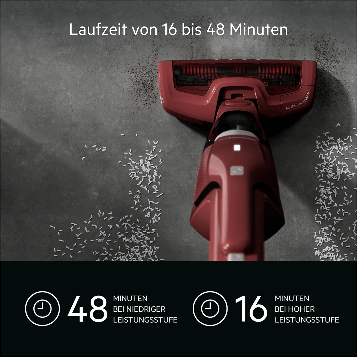 Ein roter Staubsauger reinigt grauen Boden mit Reiskörnern, mit Text zur Laufzeit von 16 bis 48 Minuten.