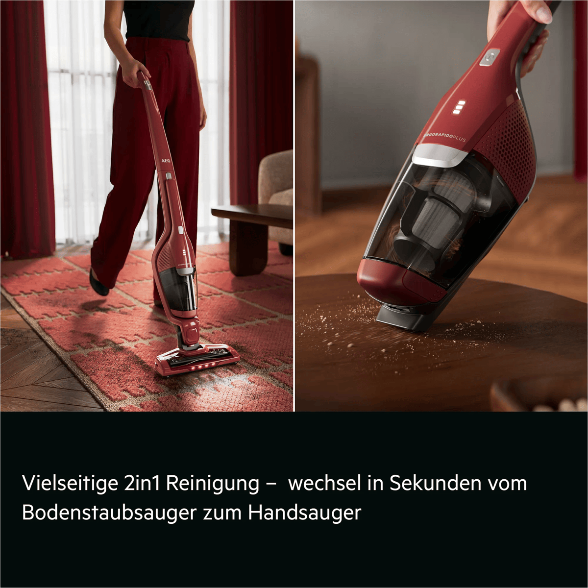 Eine Person benutzt einen roten 2-in-1-Staubsauger auf einem Teppich und einem Holztisch.