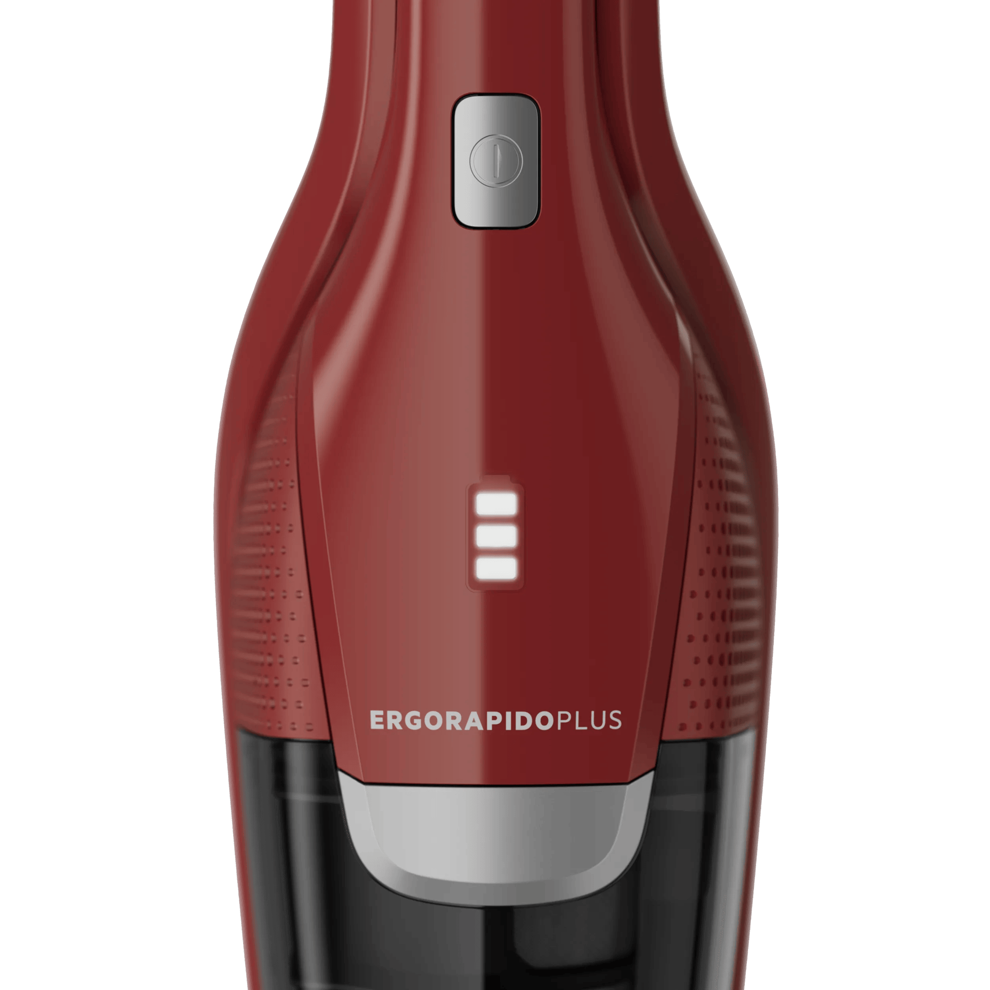 Roter ErgorapidoPlus Staubsauger mit Ein/Aus-Schalter, Ladeanzeige und Markenlogo vor schwarzem Hintergrund.