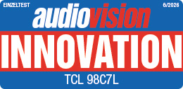 Blau-rotes Logo mit dem Text Audiovision Innovation TCL 98C7L und Einzeltest 6/2026.
