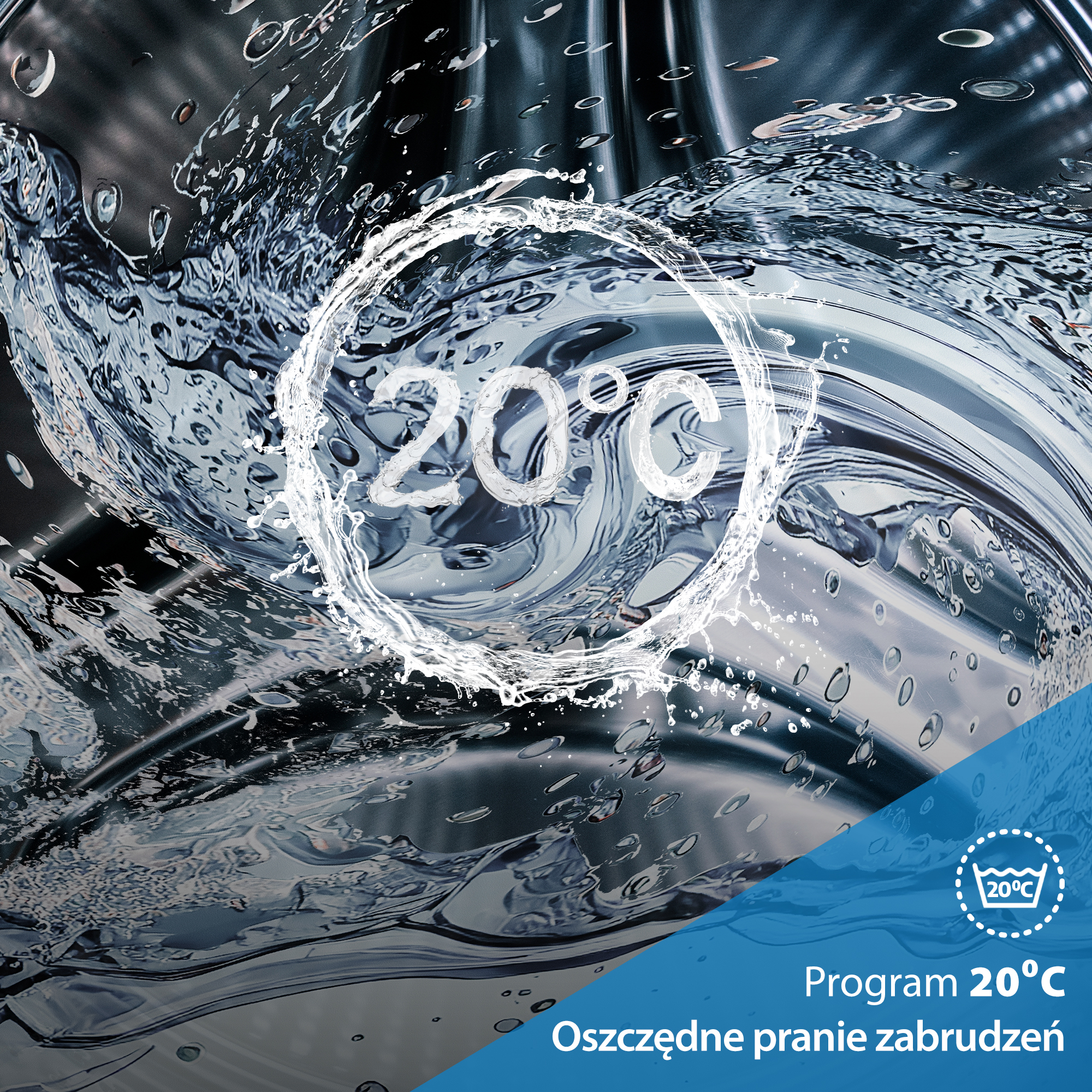 Woda w bębnie pralki z napisem Program 20 stopni Oszczędne pranie zabrudzeń na niebieskim tle.