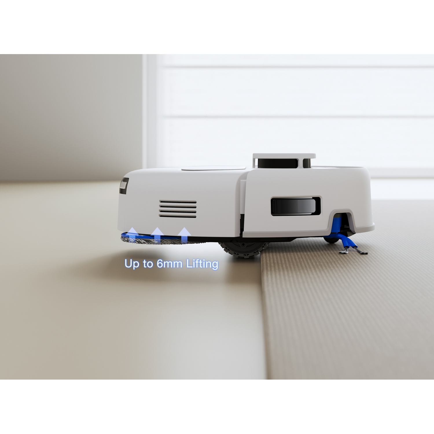 Un robot aspirapolvere bianco solleva il mocio di 6 mm per salire su un tappeto.