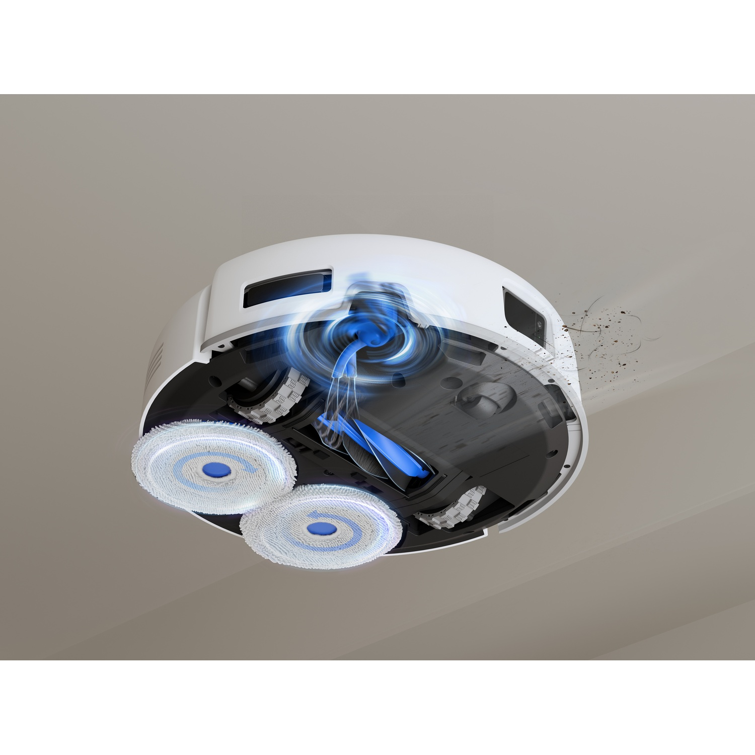 Vista dal basso di un robot aspirapolvere bianco con moci rotanti, rulli e vortice di aspirazione dello sporco.