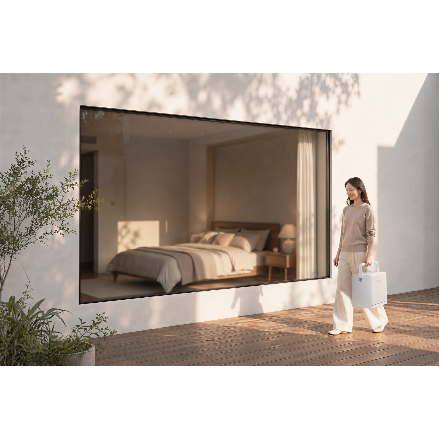 Donna cammina su terrazza in legno con centrale elettrica portatile, finestra della camera da letto dietro.