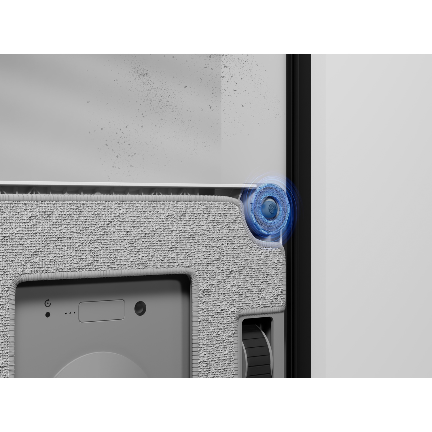Pulitore di finestre robotico grigio con tampone testurizzato e spazzola blu.
