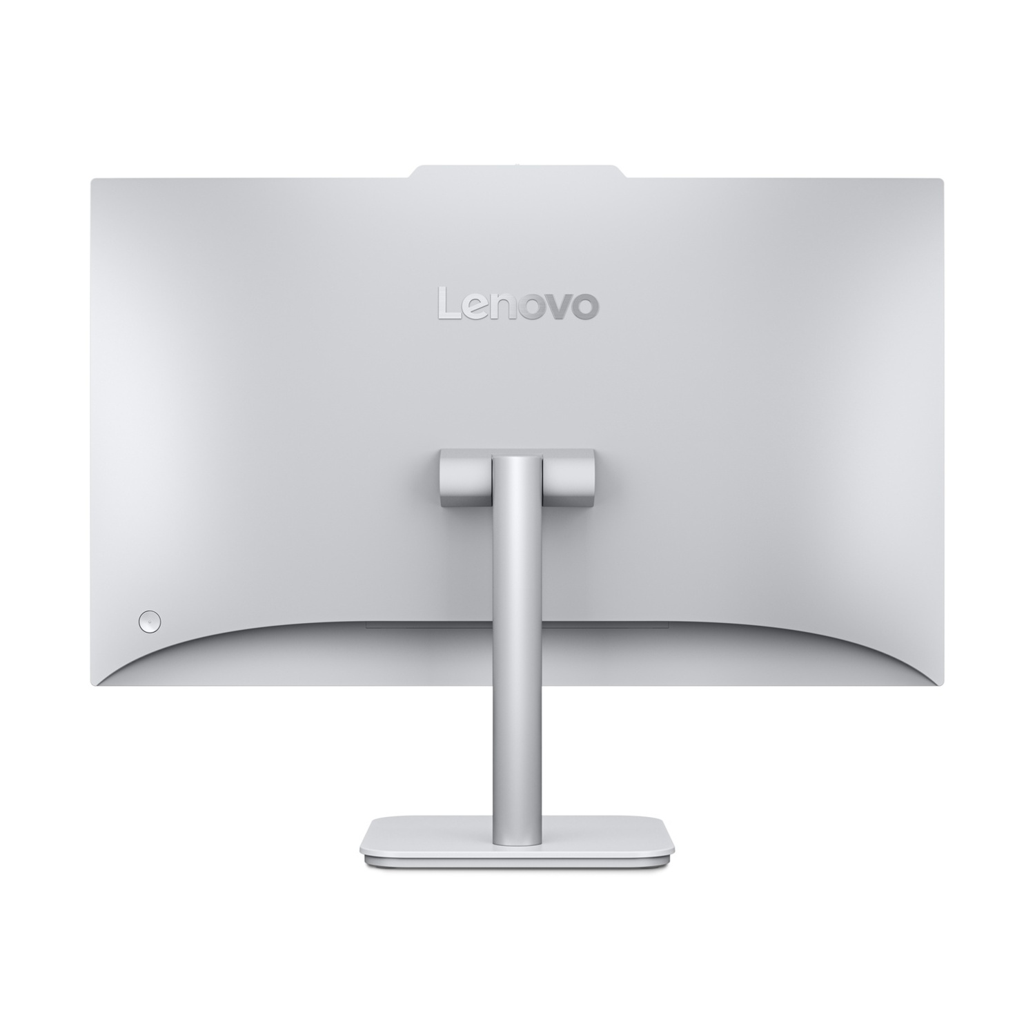 Vista posteriore di un monitor Lenovo argento con supporto su sfondo bianco.
