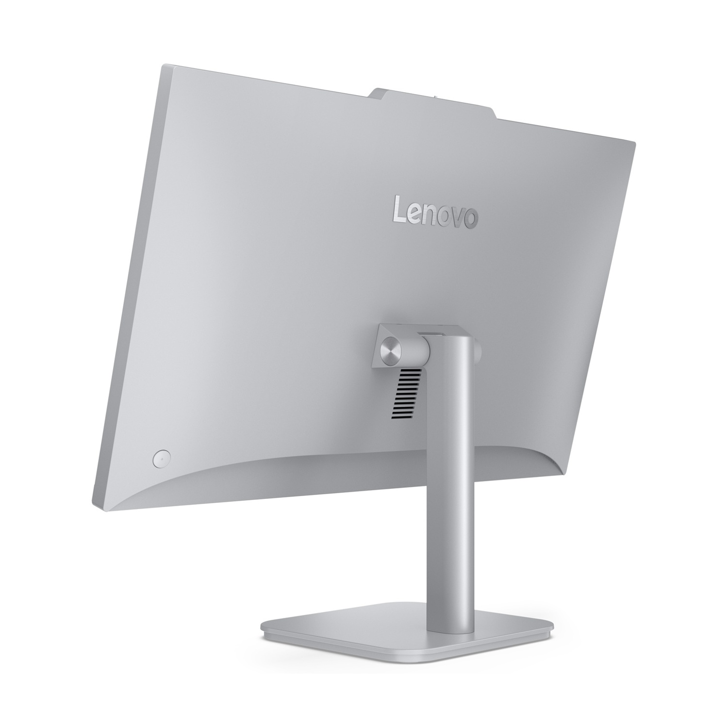 Il retro di un computer all-in-one Lenovo argento con supporto su sfondo bianco.