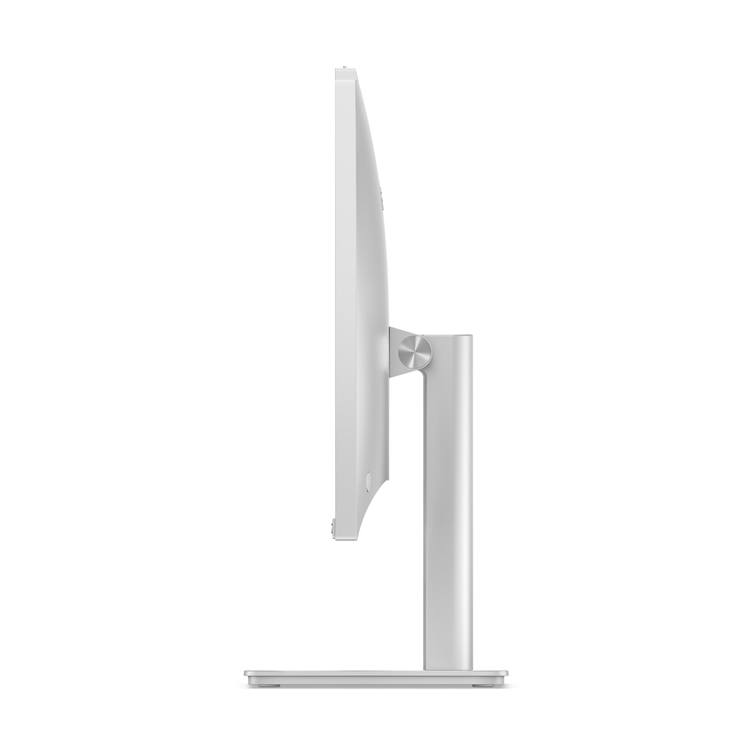 Vista laterale di un moderno monitor di computer bianco su supporto argentato, sfondo bianco.