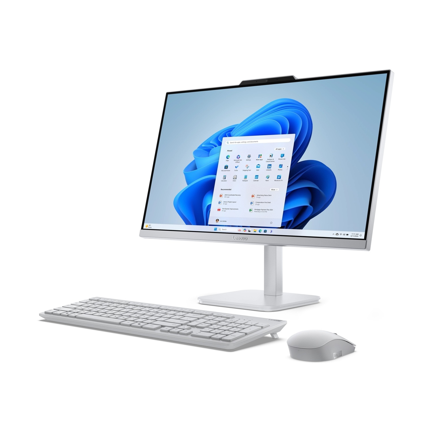 Un computer all-in-one Lenovo bianco con tastiera e mouse su sfondo bianco.
