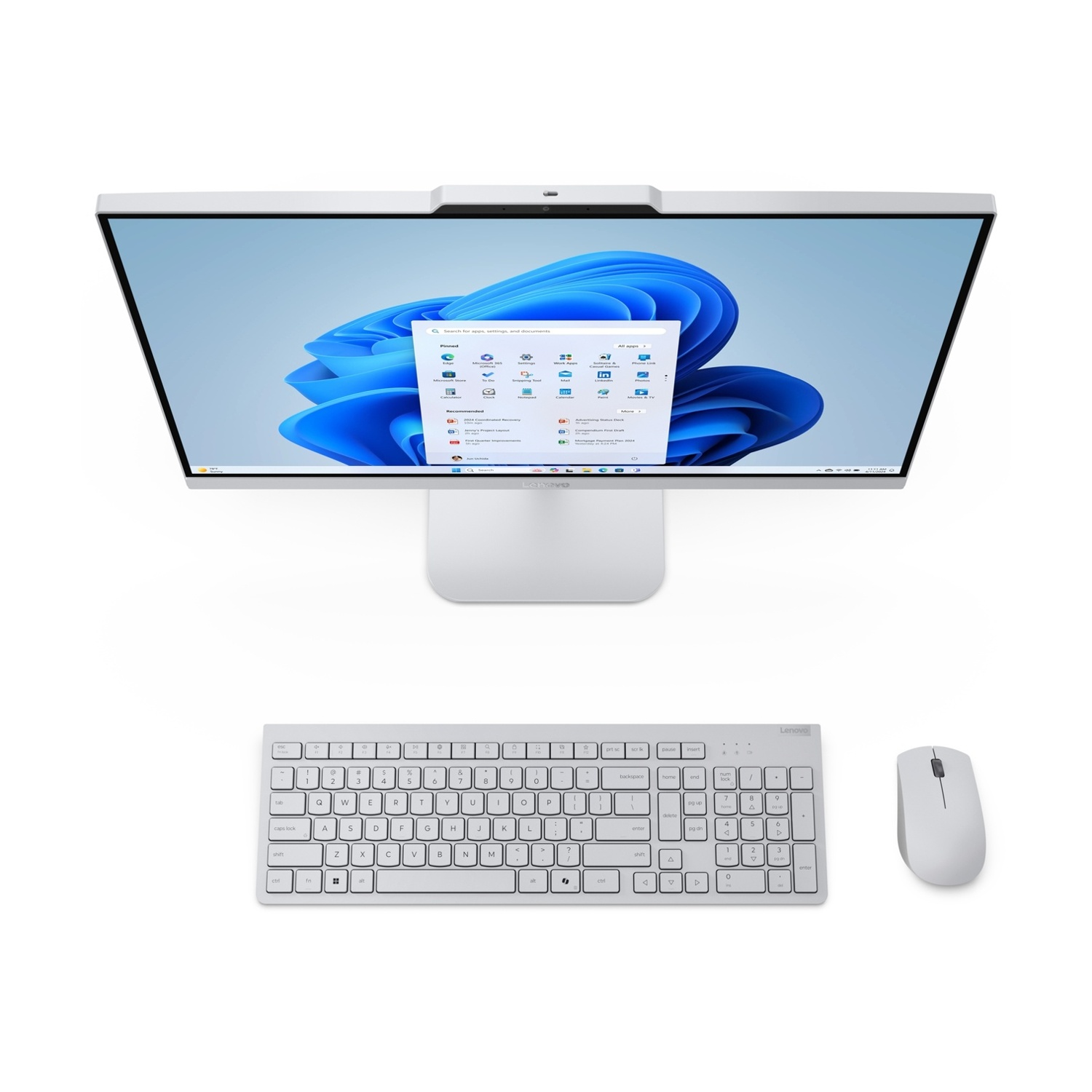 Un computer desktop all-in-one bianco con tastiera e mouse su sfondo bianco.