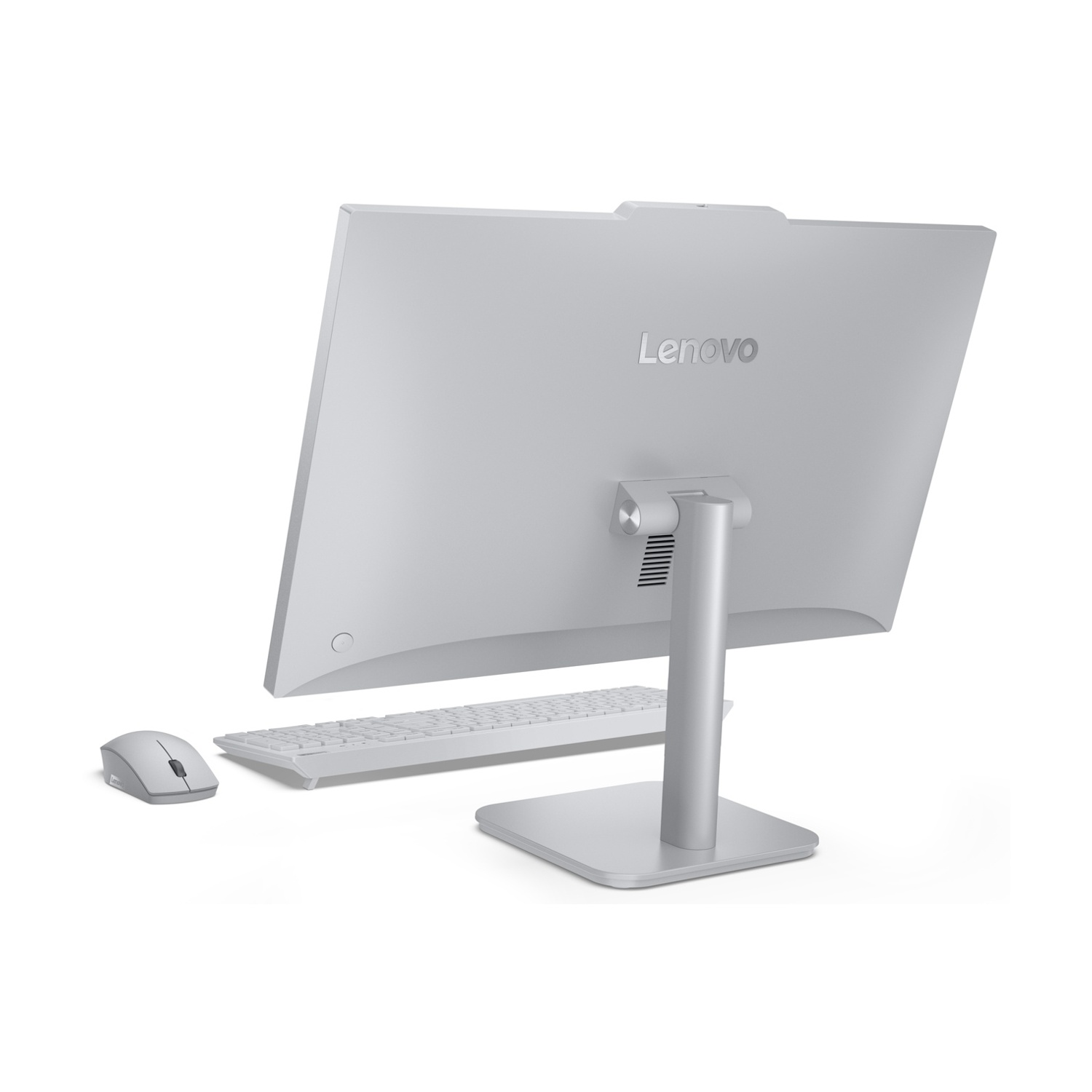 Vista posteriore di un computer all-in-one Lenovo argentato con tastiera e mouse su sfondo bianco.