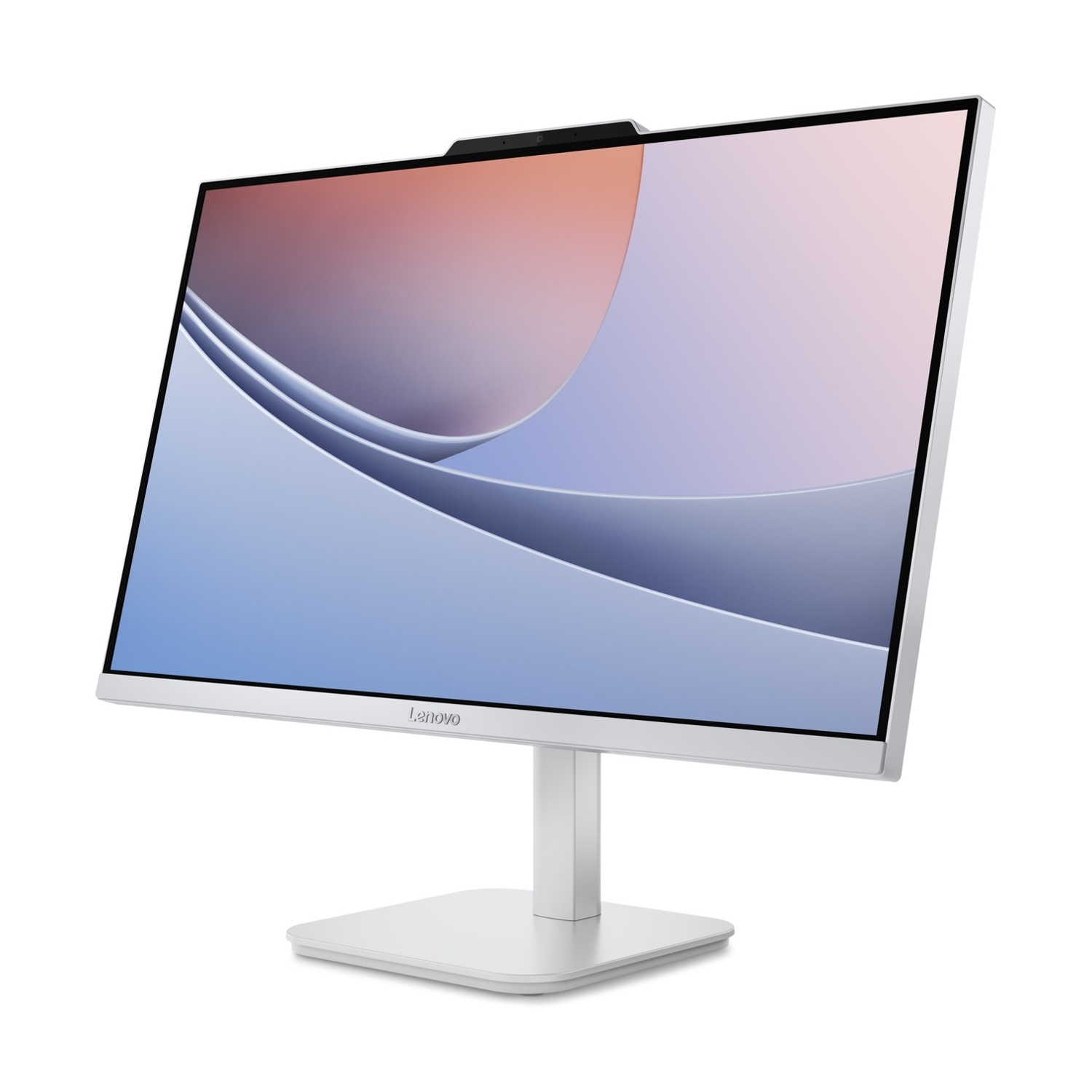 Un monitor desktop Lenovo bianco con un supporto semplice mostra un'immagine astratta e colorata.