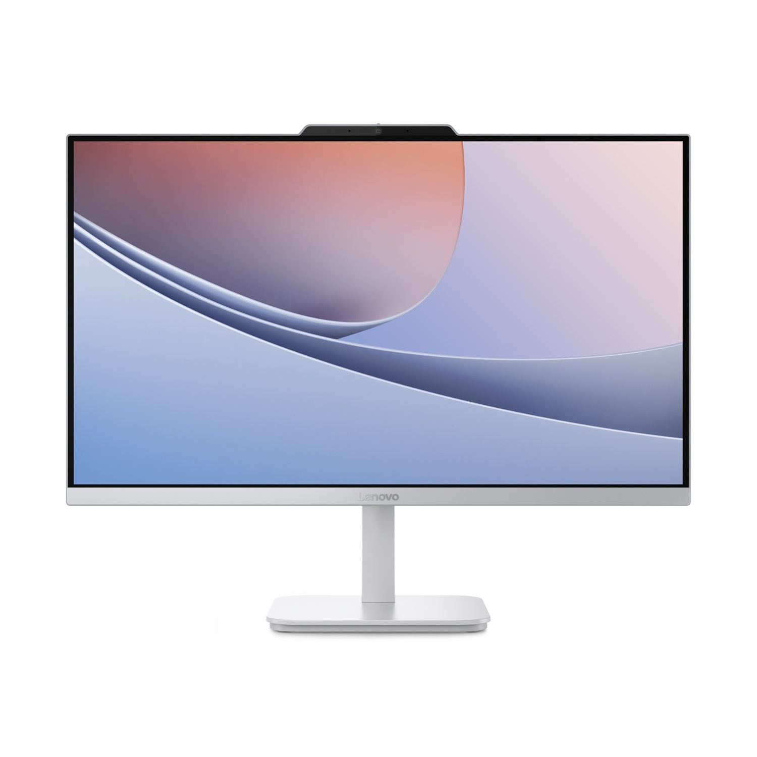 Un monitor desktop Lenovo argento con webcam mostra uno sfondo astratto blu e pesca liscio e curvo.