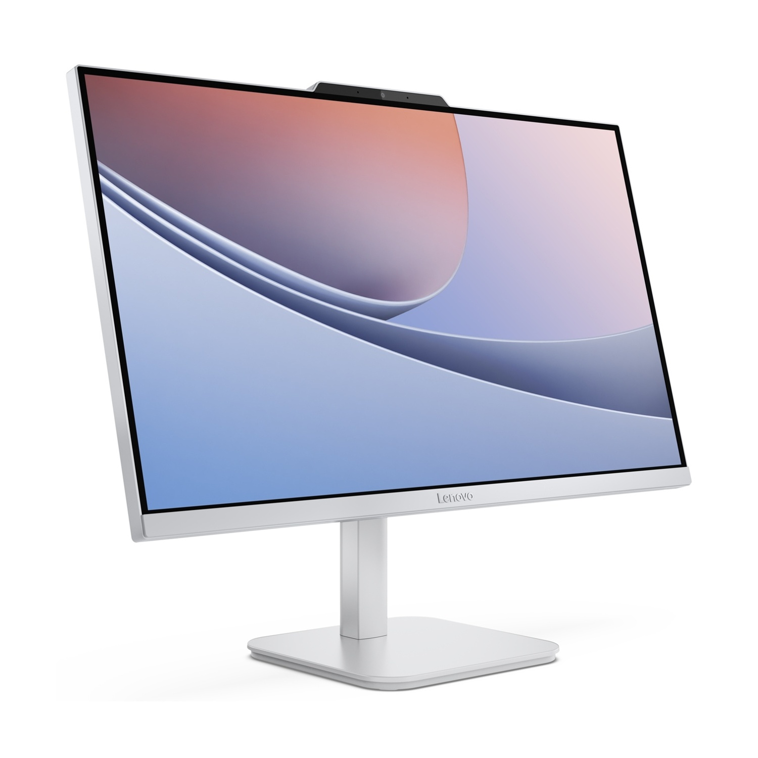 Un monitor Lenovo bianco con cornici sottili, webcam integrata e supporto moderno mostra un motivo astratto a onde.