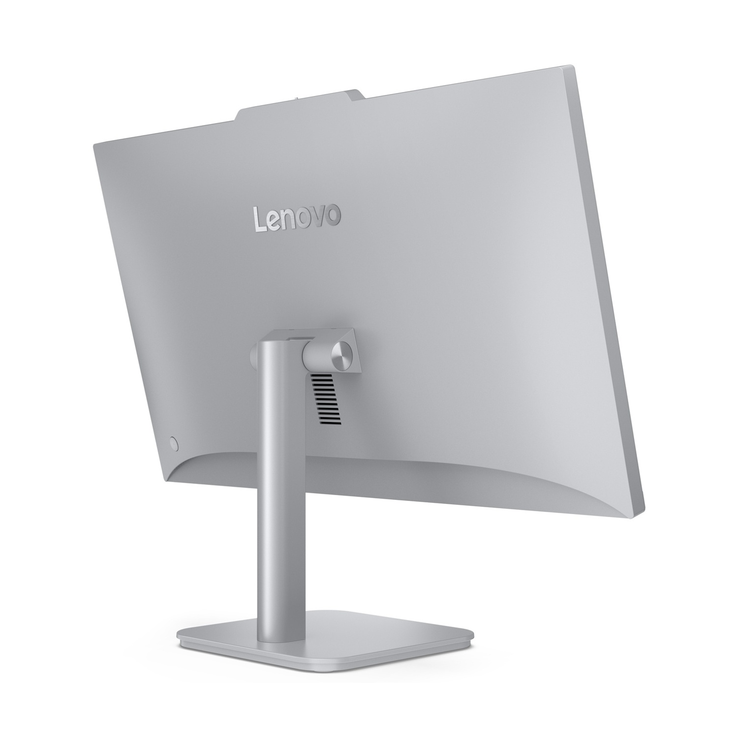 Vista posteriore di un PC all-in-one Lenovo argento su supporto con sfondo bianco.
