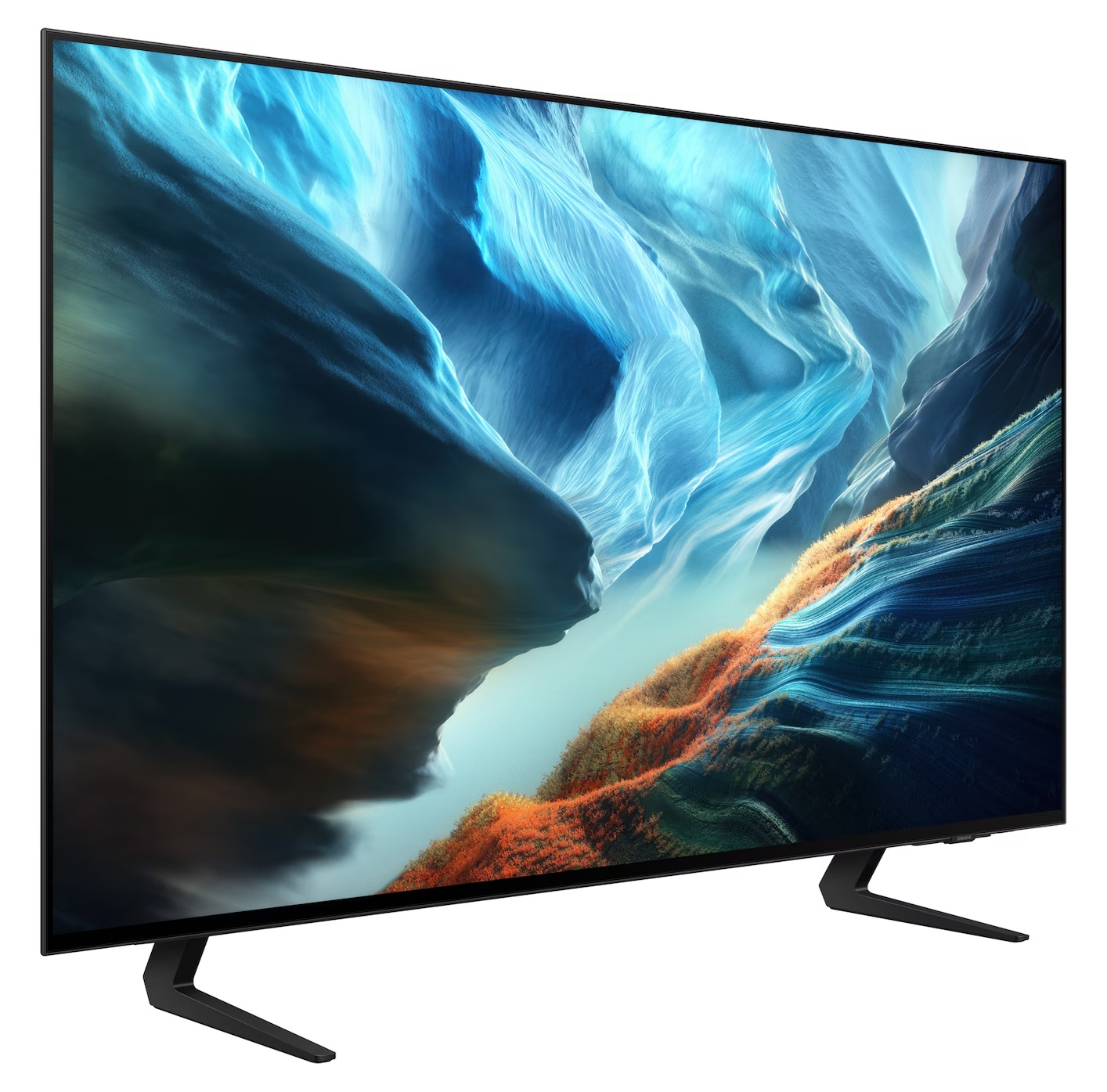 Telewizor płaskoekranowy z cienkimi ramkami i niebieskim motywem przyrody na ekranie, na czarnych nóżkach.