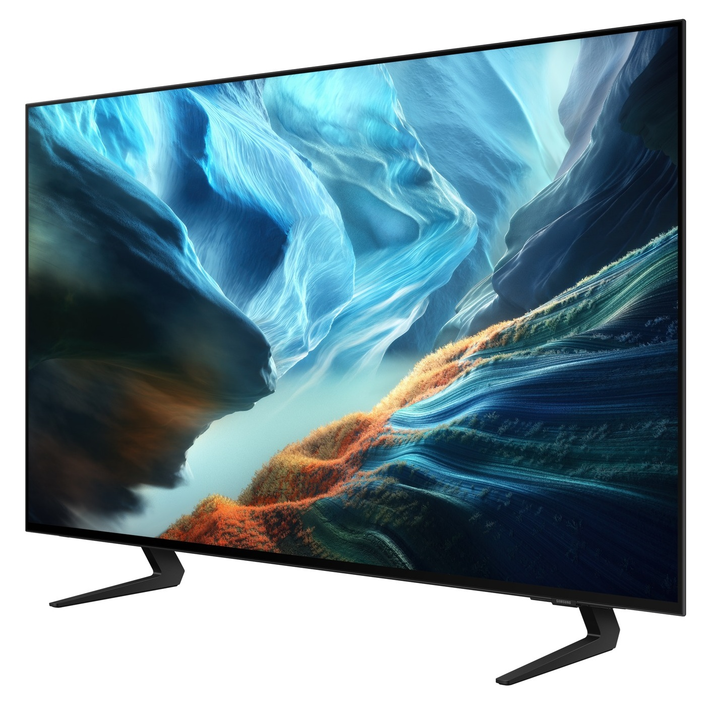 Telewizor płaskoekranowy na stojakach z niebieskim abstrakcyjnym krajobrazem górskim.