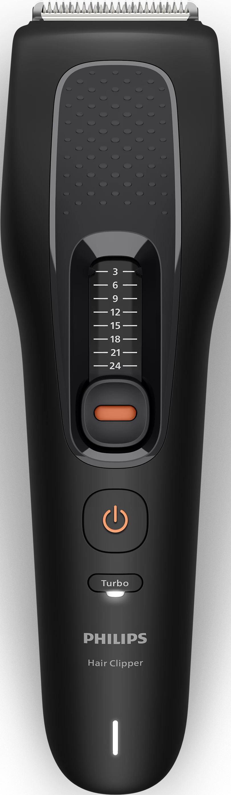 Schwarzer Philips-Haarschneider mit Längenskala, orangem Ein- und Ausschalter sowie Turbo-Modus.