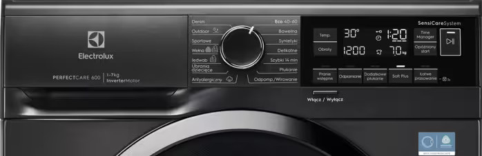 Panel sterowania czarnej pralki Electrolux z pokrętłem wyboru programów i cyfrowym wyświetlaczem.