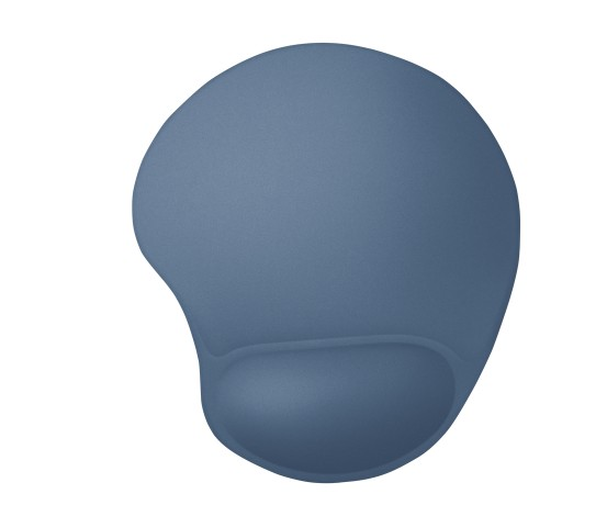 Beyaz arka planda entegre bilek desteğine sahip mavi ergonomik mouse pad.