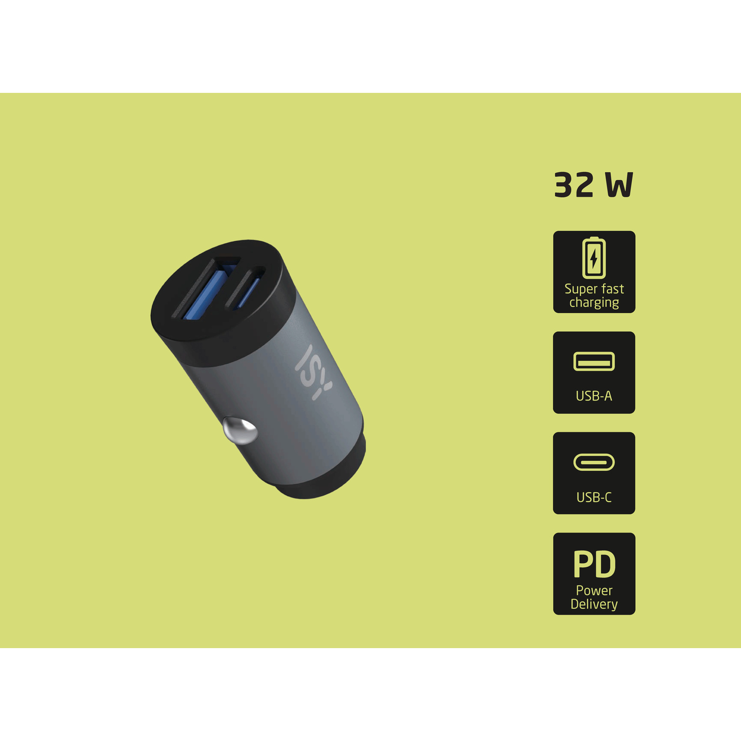 Un caricabatterie per auto USB grigio da 32W con porte USB-A e USB-C su sfondo giallo.