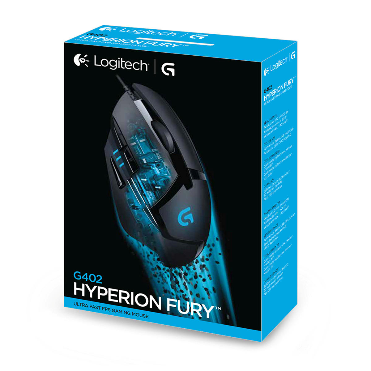 Mavi detaylar ve metin içeren siyah Logitech G402 Hyperion Fury oyuncu faresinin ürün ambalajı.