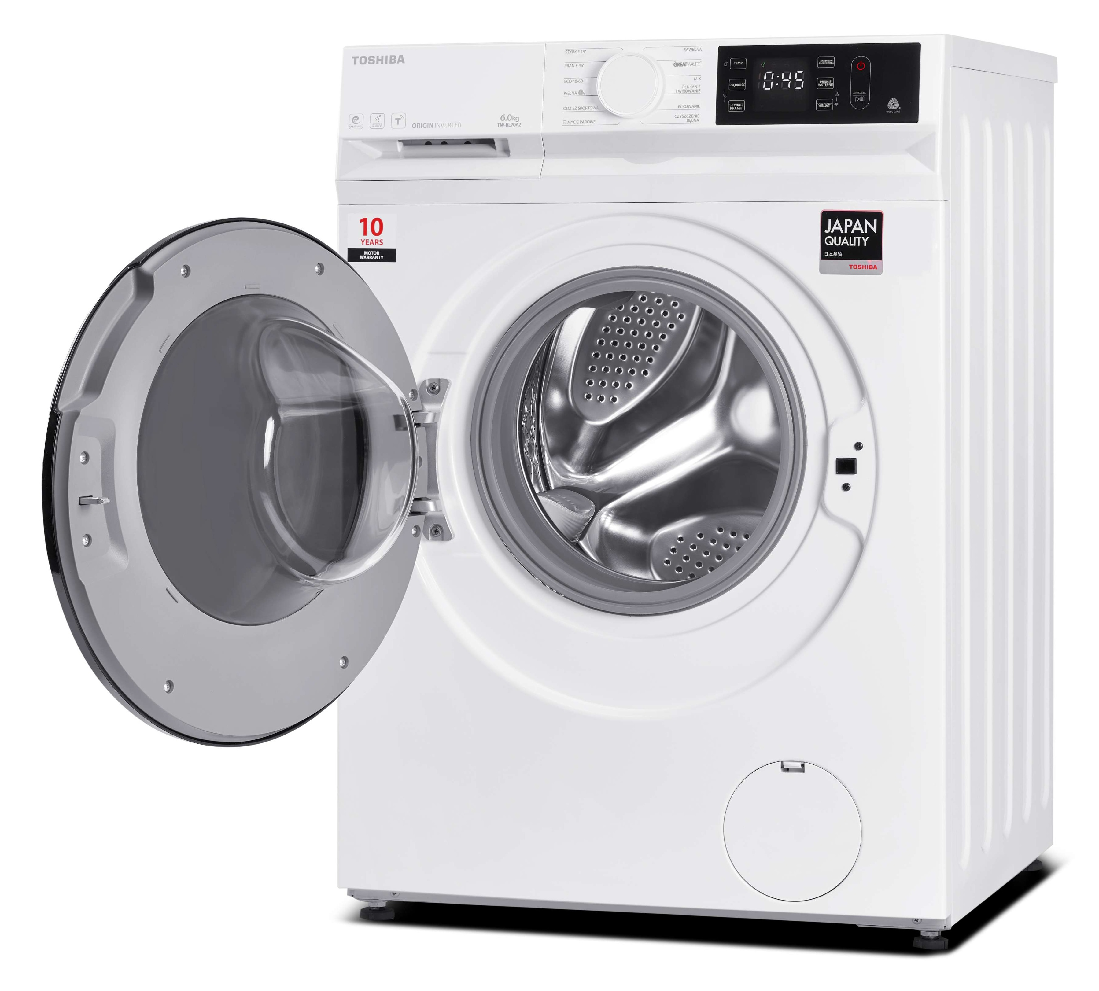 Biała pralka Toshiba z otwartymi drzwiami, cyfrowym wyświetlaczem i bębnem ze stali nierdzewnej.