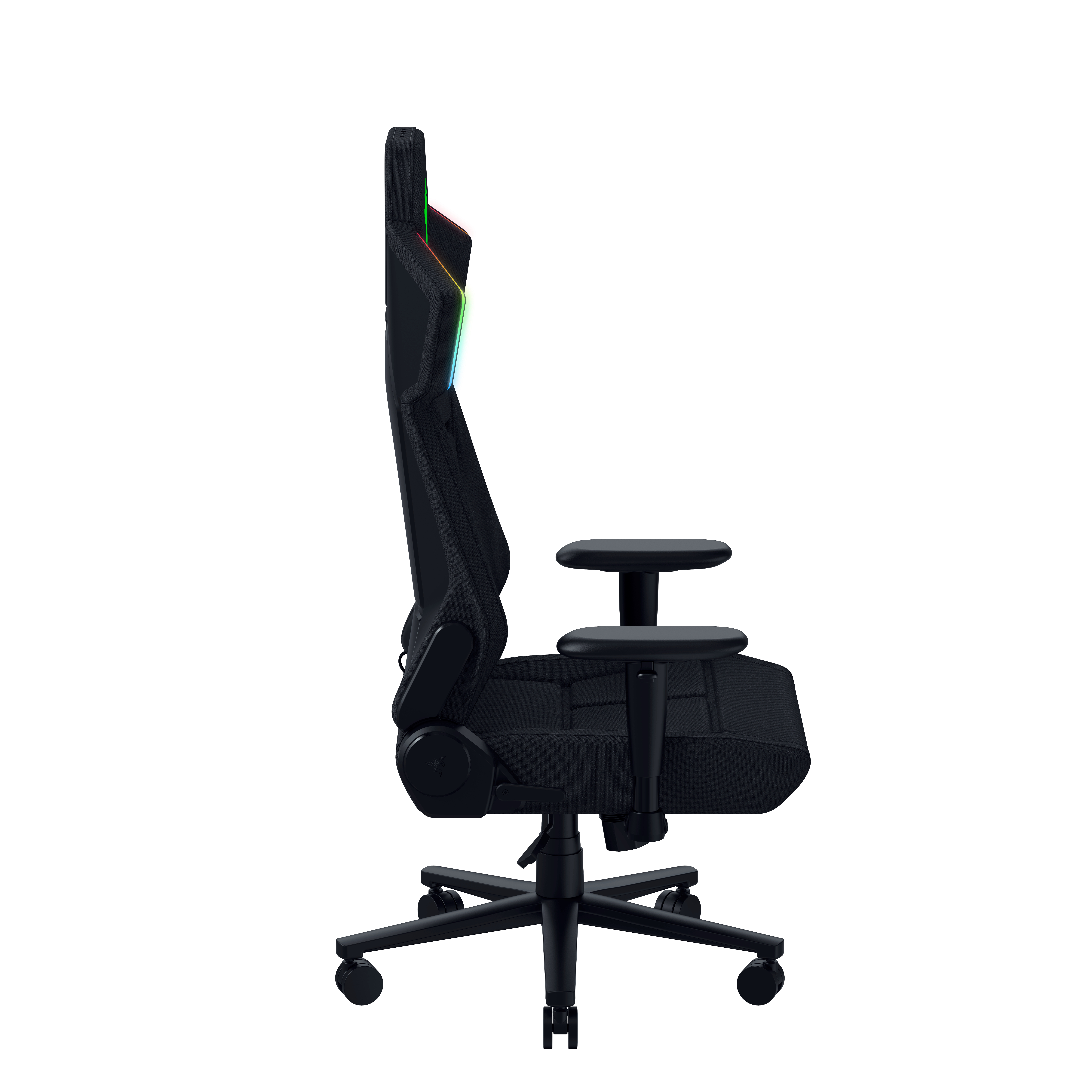 Seitenansicht eines schwarzen Gaming-Stuhls mit RGB-Beleuchtung an der Kopfstütze vor weißem Hintergrund.