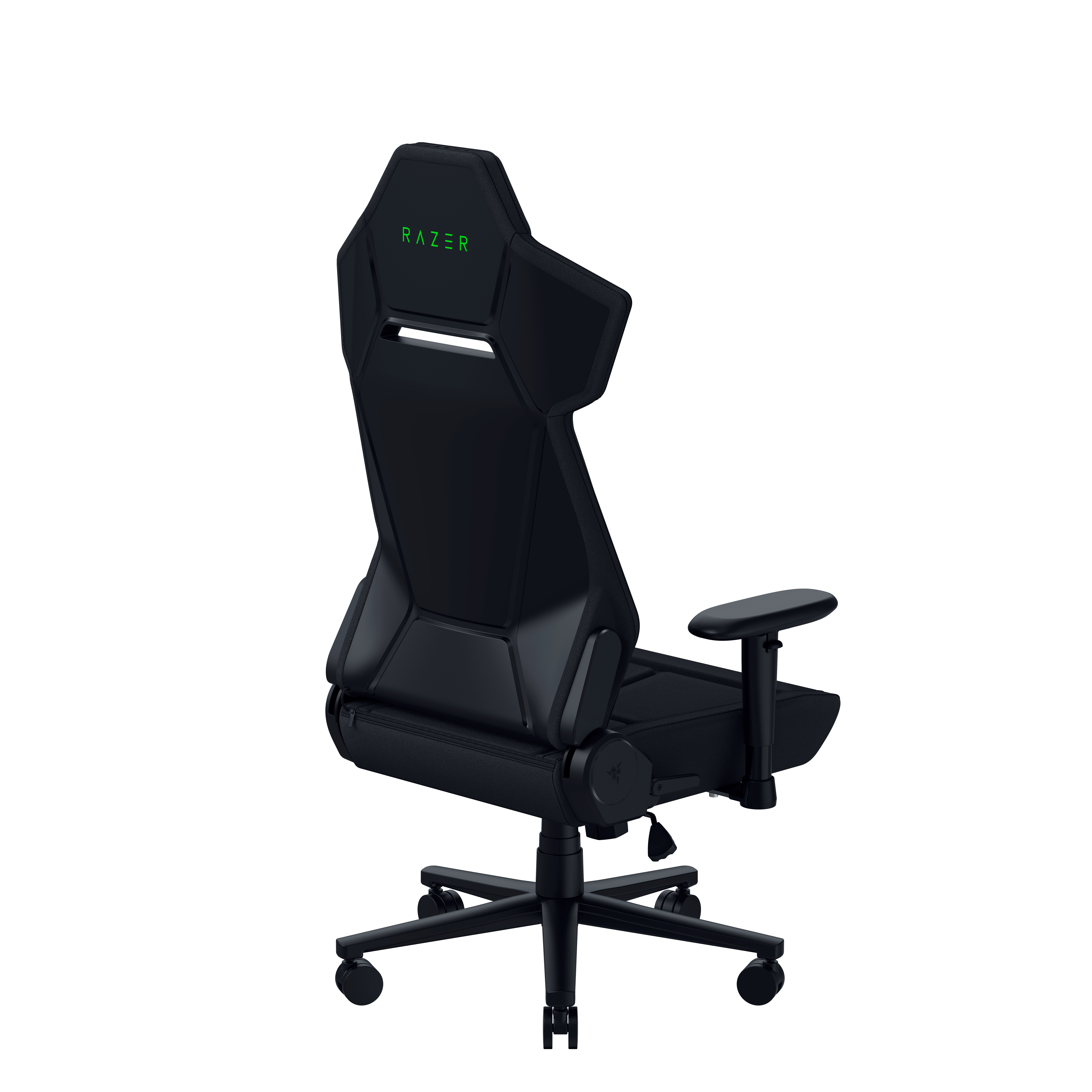 Rückansicht eines schwarzen Razer Gaming-Stuhls mit grünem Logo auf weißem Hintergrund.