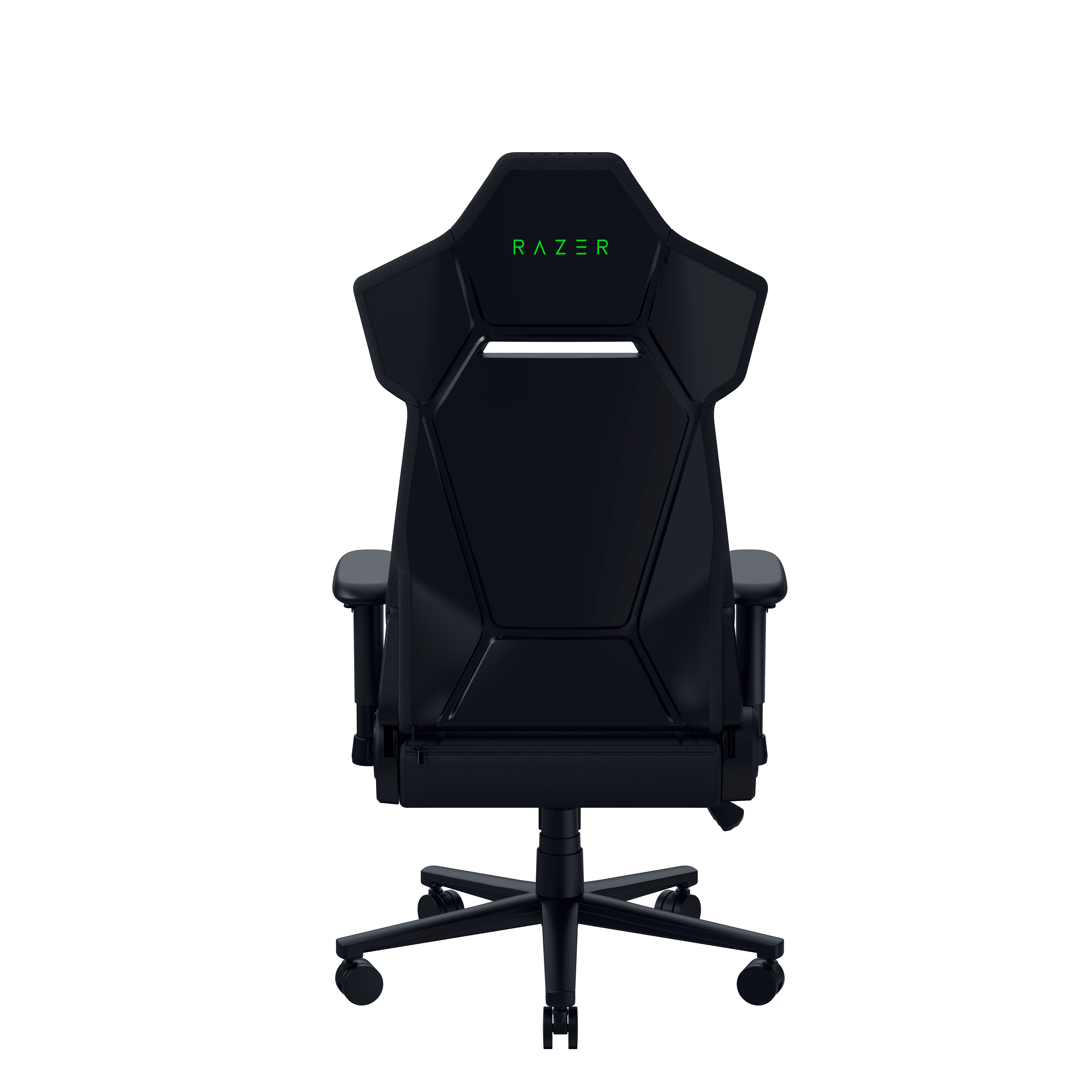 Rückansicht eines schwarzen Razer Gaming-Stuhls mit grünem Logo auf weißem Hintergrund.