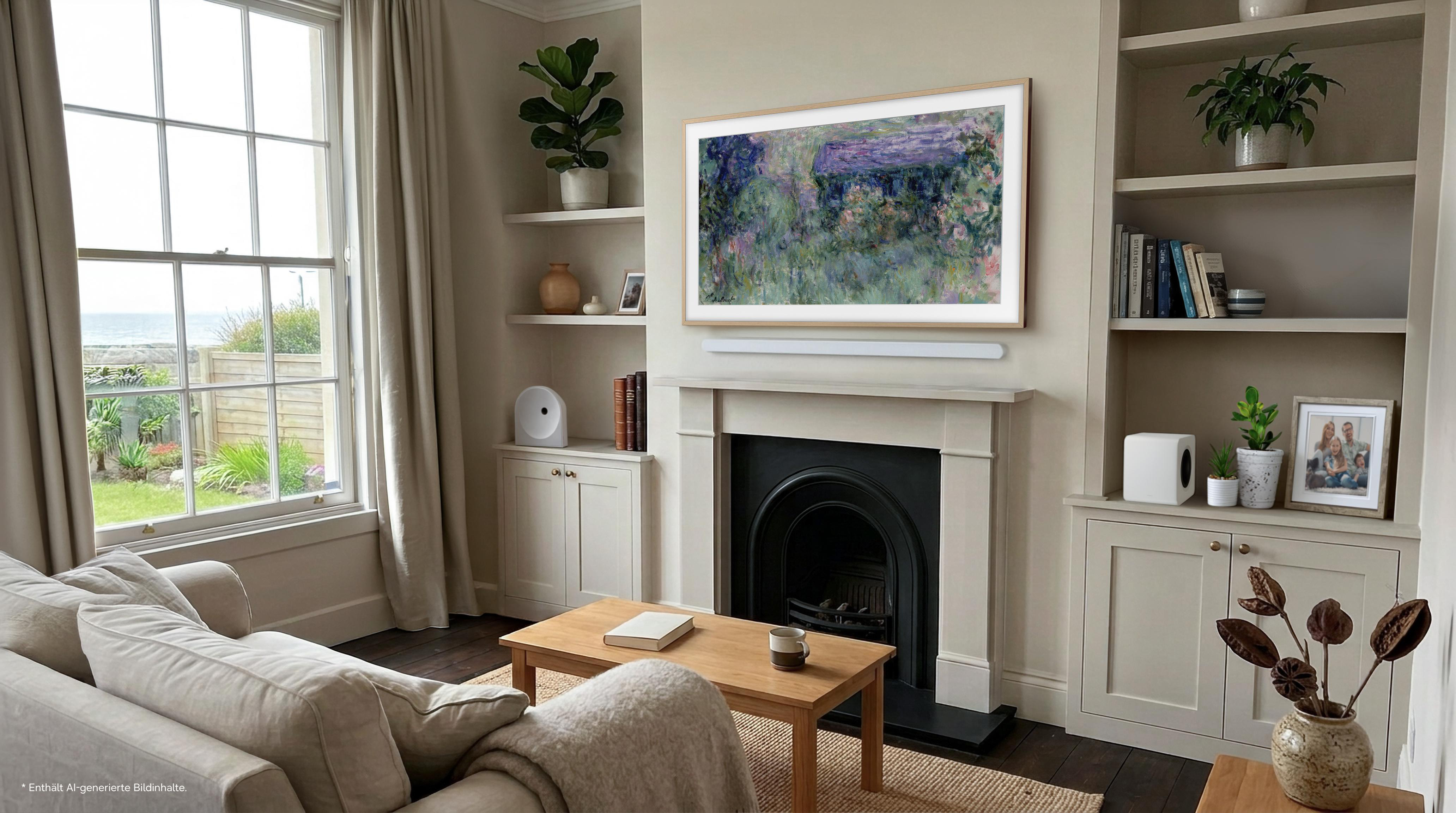 Ein gemütliches Wohnzimmer mit Kamin, einem Fernseher mit Gemälde, einem Holztisch und Regalen.