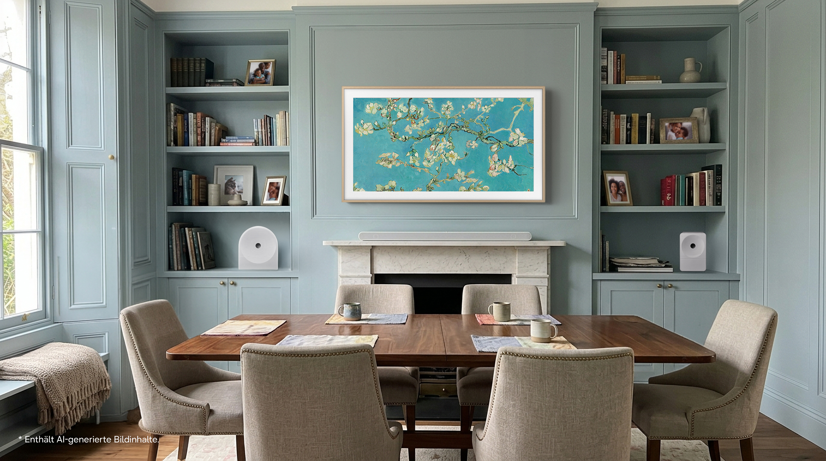 Ein elegantes Esszimmer mit hellblauen Wänden, holztisch und beigen Sesseln, beleuchtet von Tageslicht.