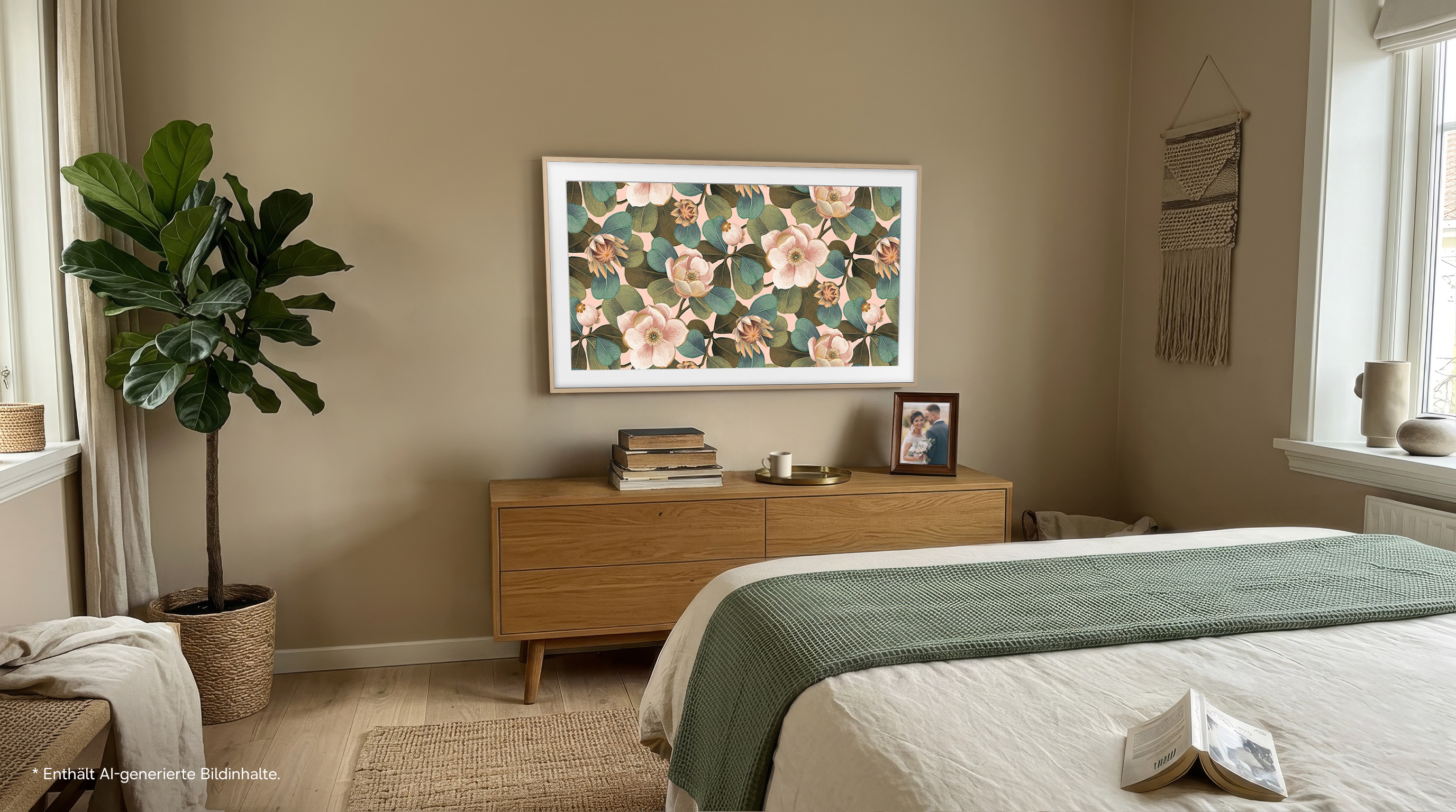 Gemütliches Schlafzimmer mit Holztisch, großem TV mit Blumenmuster an der Wand und Topfpflanze.