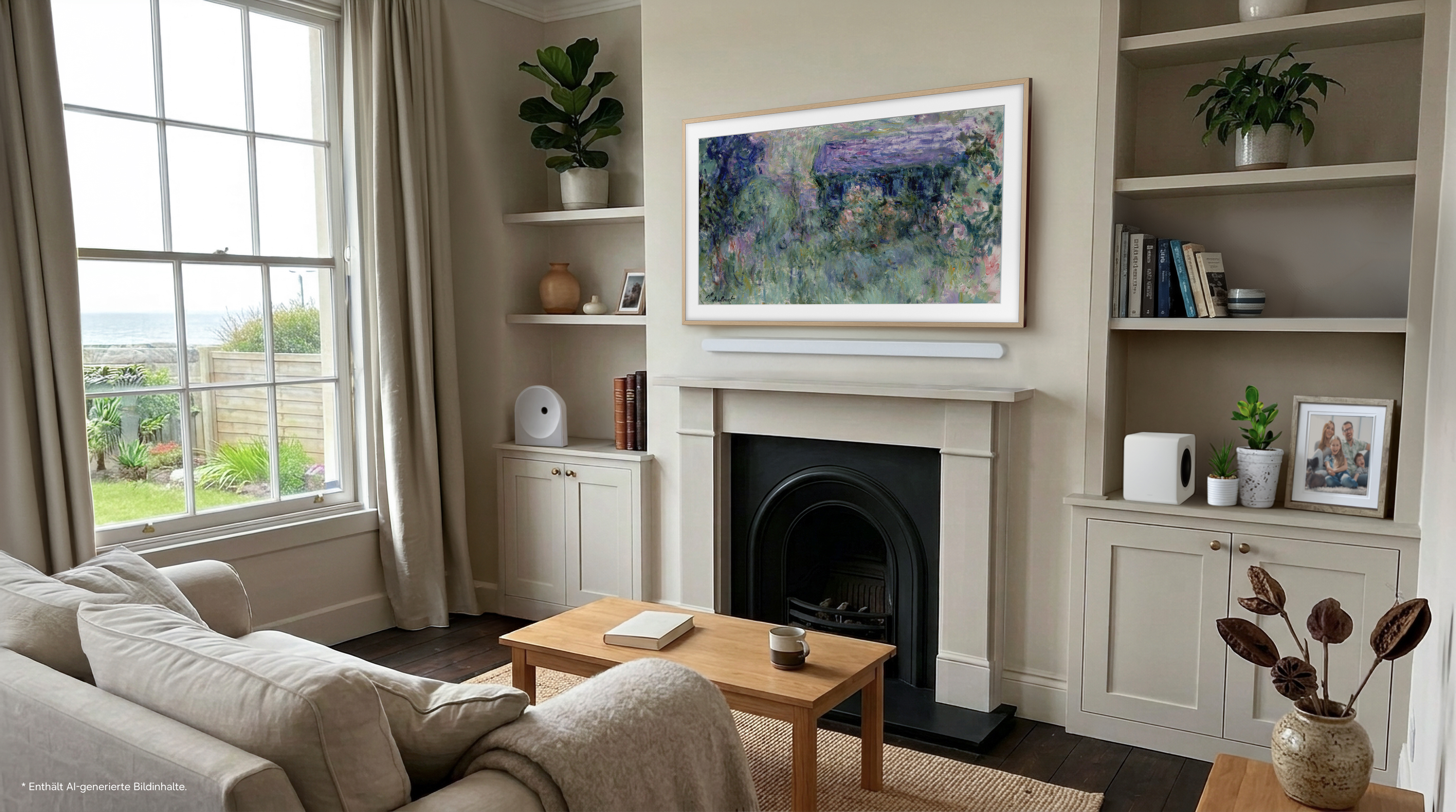 Gemütliches Wohnzimmer mit Kamin, TV-Wandkunst, Bücherregalen, Holz-Couchtisch und großem Fenster mit Gartenblick.