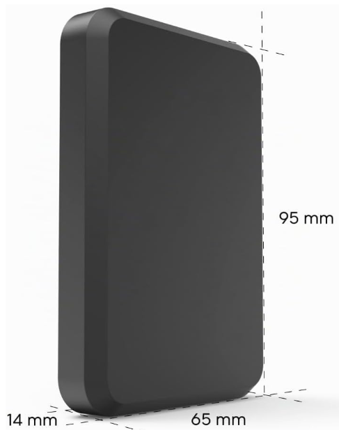 Schwarzes rechteckiges Gerät mit abgerundeten Ecken und den Maßen 95x65x14 mm auf weißem Hintergrund.
