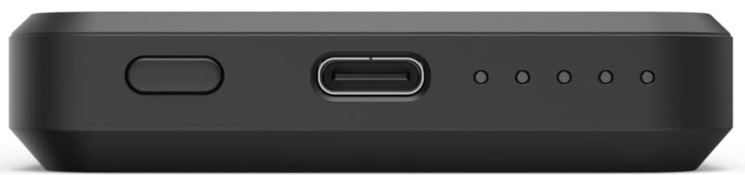 Seitenansicht eines schwarzen Geräts mit Einschalttaste, USB-C-Anschluss und fünf Status-LEDs.