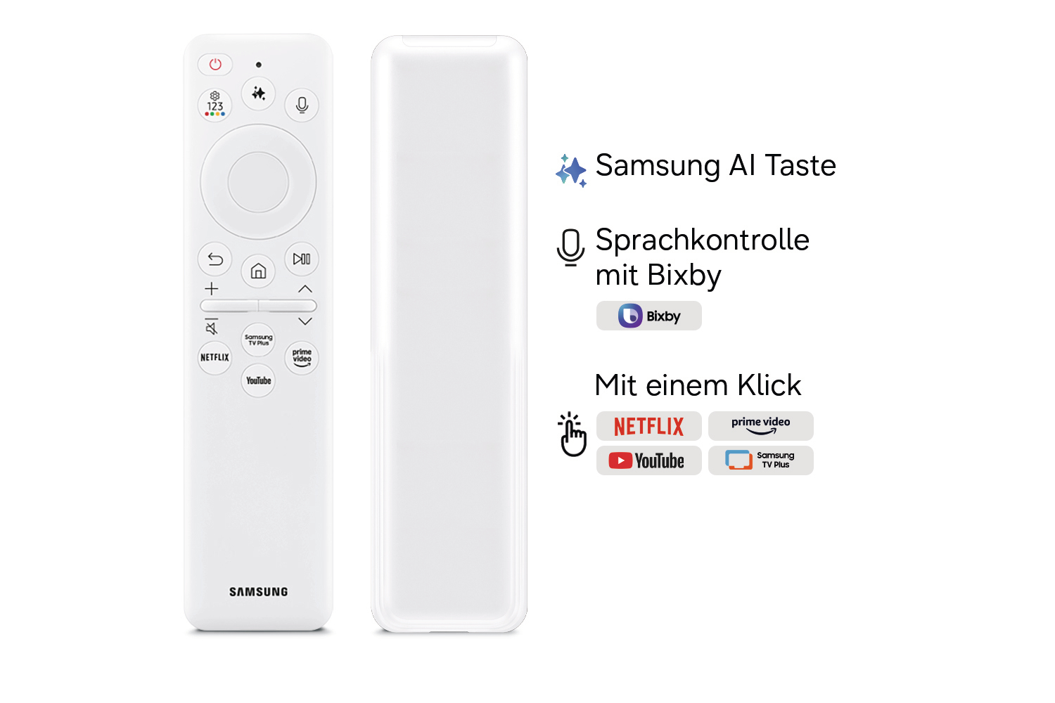 Weiße Samsung Fernbedienung mit Tasten für Netflix, Prime Video und Sprachsteuerung.