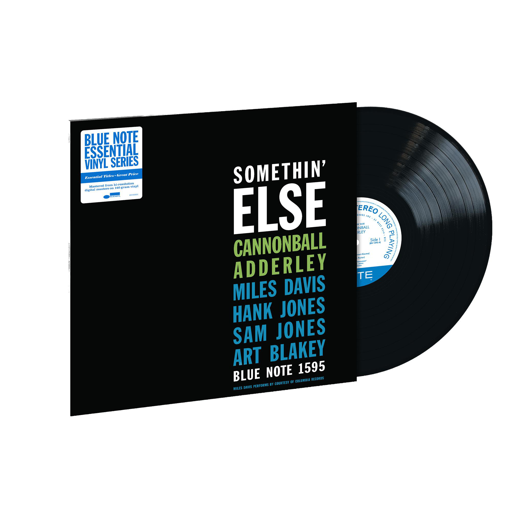 Somethin' Else Jazz-Vinyl-Album von Cannonball Adderley mit schwarzem Cover und blauer Serie Aufkleber.