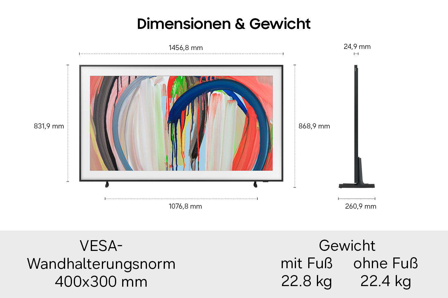 Technische Zeichnung mit Maßen, Gewicht und VESA-Norm eines Flachbildfernsehers.