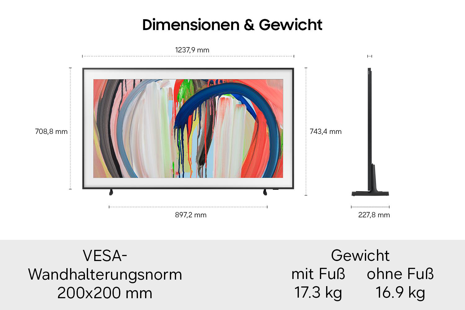 Diagramm zeigt Fernseherabmessungen, VESA-Norm 200x200 mm und Gewichtsangaben mit und ohne Fuß.