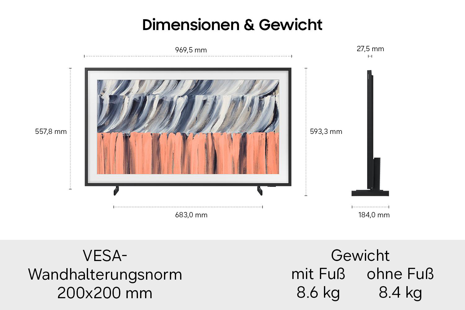 Technische Zeichnung der TV-Abmessungen mit Breite, Höhe, Tiefe, VESA-Norm und Gewichtsangaben mit und ohne Standfuß.