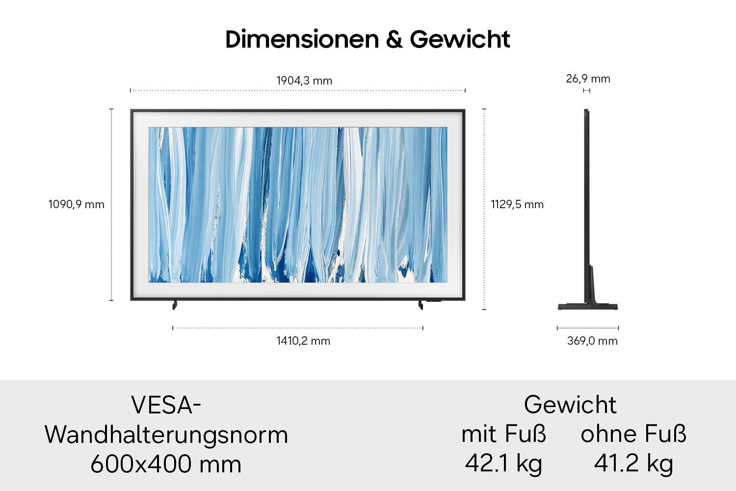 Diagramm zeigt die Abmessungen und das Gewicht eines Fernsehers mit genauen Maßen und VESA-Norm.