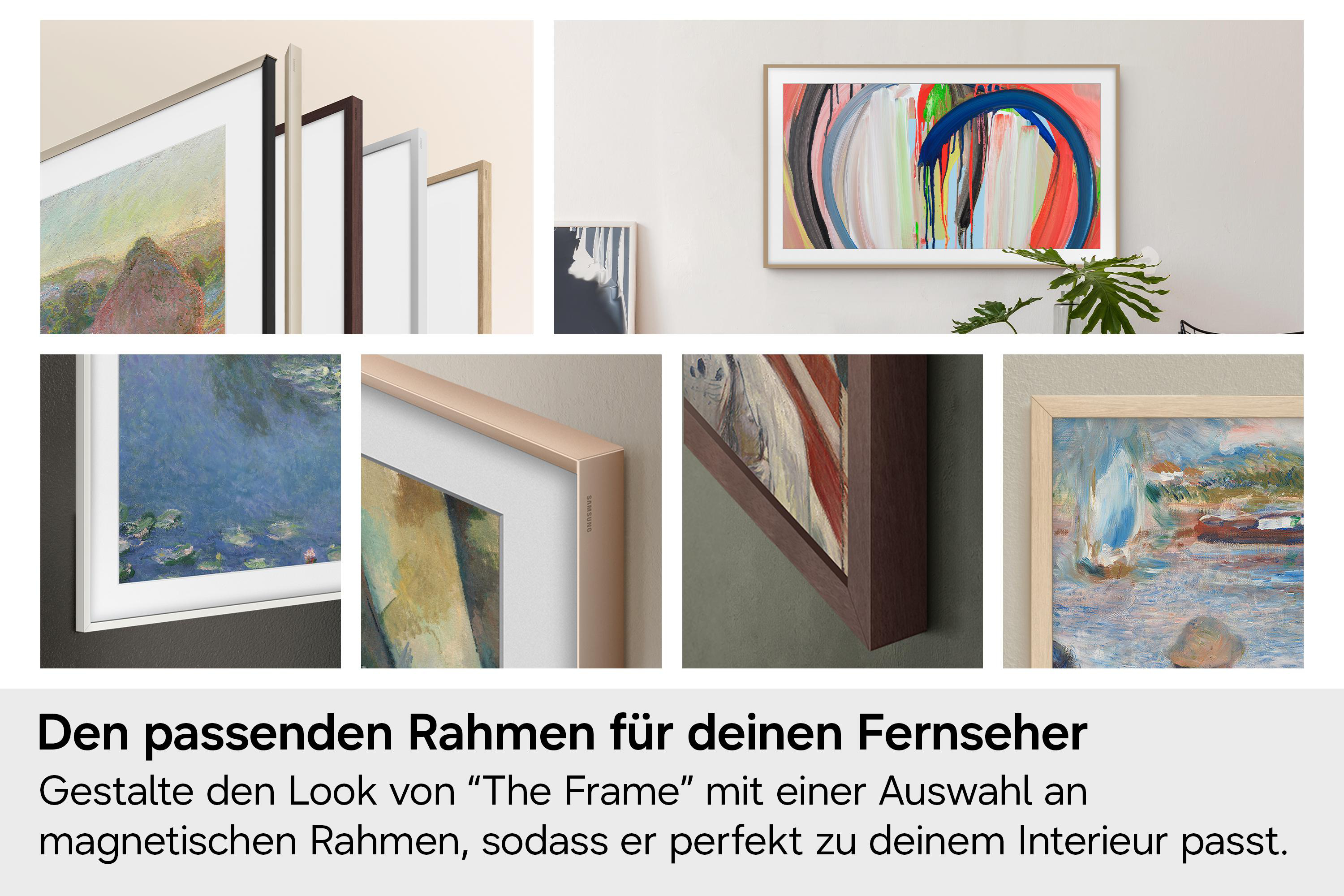 Eine Collage mit verschiedenen magnetischen Rahmenfarben und Stilen für The Frame TV in einem Interieur.