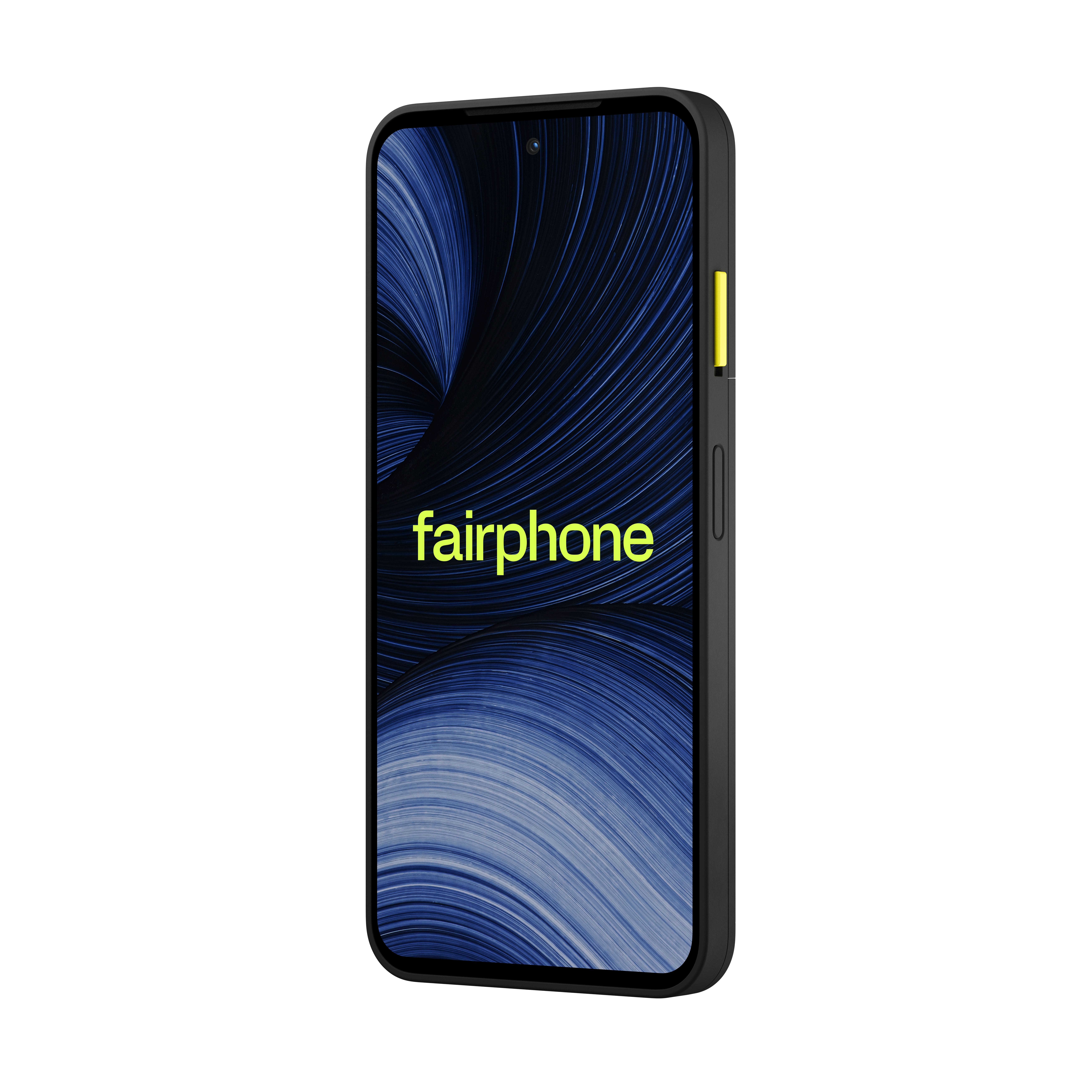 Ein schwarzes Fairphone mit blauem abstraktem Hintergrund und gelbem Einschalttaste vor weißem Hintergrund.