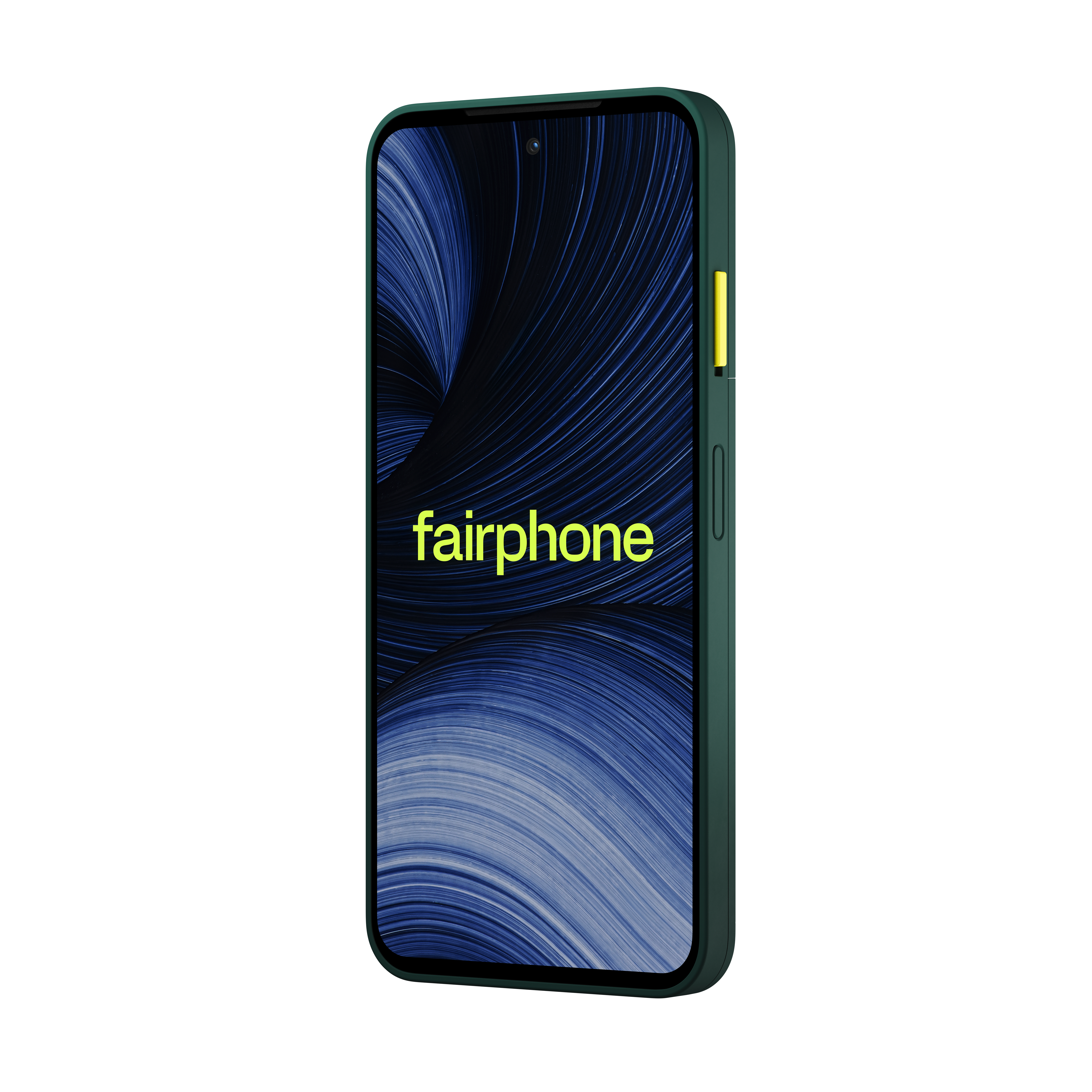 Ein grünes Smartphone mit blauem Hintergrund auf dem Bildschirm und der gelben Aufschrift Fairphone.