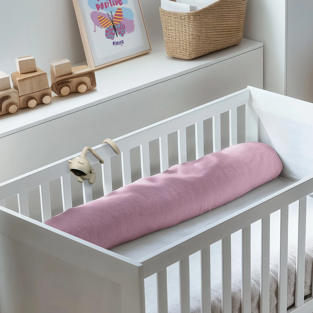 Ein weißes Babybett mit einer langen rosa Kissenrolle, Holzsspielzeug und einem Bild im Hintergrund.